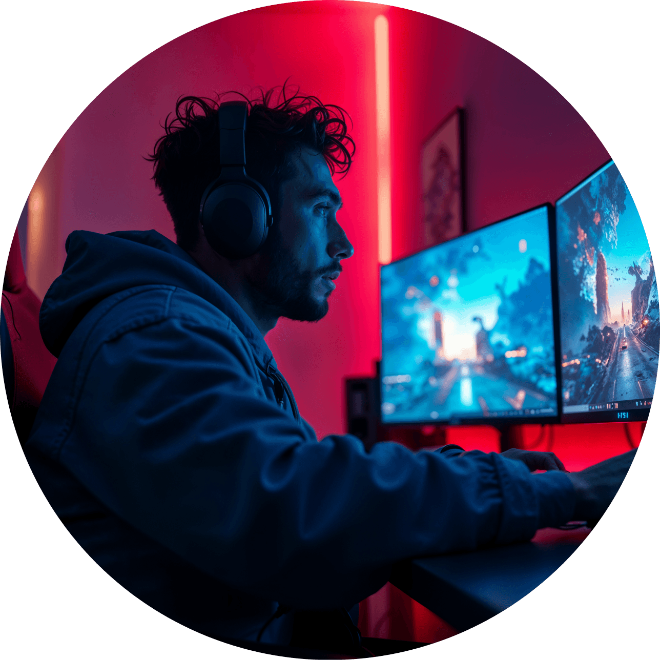 Gamer at a computer setup